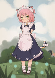 Rule 34 | + +, 1boy, 1girl, absurdres, ahoge, alternate costume, alternate hairstyle, amiya (arknights), animal ear fluff, animal print, animalization, apron, arknights, arms behind back, bell, blue sky, blurry, blush, bush, cat print, cloud, cloudy sky, commentary request, crossover, dandelion, depth of field, diona (genshin impact), doctor (arknights), enmaided, flower, full body, genshin impact, grass, green eyes, highres, lmonster guai, looking at viewer, maid, maid apron, maid headdress, mary janes, paw print, peeking out, pink hair, pocket, rabbit, shoes, short hair, sidelocks, sky, socks, thick eyebrows, two side up, white legwear