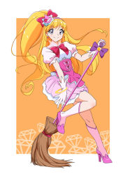 Rule 34 | 1girl, asahina mirai, blonde hair, bow, broom, bustier, closed mouth, cure miracle, destino, earrings, floating hair, full body, gloves, hair bow, hairband, hat, high heels, holding, holding broom, jewelry, kneehighs, layered skirt, leaning back, long hair, looking at viewer, mahou girls precure!, miniskirt, orange background, pink footwear, pink hairband, pink headwear, pink skirt, precure, pumps, purple gloves, red bow, short sleeves, skirt, smile, socks, solo, standing, standing on one leg, very long hair, white background, white skirt, white socks, witch hat, yellow eyes
