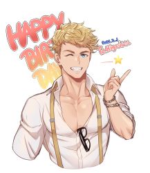 Rule 34 | 1boy, bara, blackkdogg, blonde hair, cropped torso, english text, granblue fantasy, green eyes, happy birthday, highres, large pectorals, looking at viewer, male focus, mature male, muscular, muscular male, one eye closed, partially unbuttoned, pectoral cleavage, pectorals, short hair, sideburns, smile, solo, suspenders, translation request, vane (granblue fantasy)