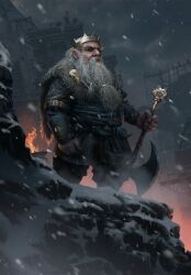 Rule 34 | 1boy, axe, beard, blizzard, brouver hoog, crown, dwarf, facial hair, fire, frost, frozen, gwent (game), highres, holding, holding axe, holding weapon, looking ahead, male focus, night, night sky, non-web source, outdoors, rock, sky, snowing, solo, the witcher (series), weapon