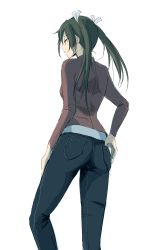 Rule 34 | 1girl, absurdres, alternate costume, casual, contemporary, dark green hair, denim, highres, jeans, kantai collection, long hair, pants, shirt, simple background, sketch, solo, standing, t.k.o, twintails, white background, zuikaku (kancolle)