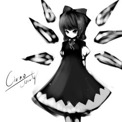 Rule 34 | 1girl, absurdres, bow, character name, cirno, female focus, greyscale, hair bow, highres, monochrome, noirly, short hair, simple background, solo, touhou, white background, wings