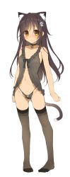 Rule 34 | 1girl, animal ears, babydoll, bare legs, barefoot, black hair, black panties, black thighhighs, blush, breasts, cat ears, cat tail, choker, closed mouth, flower, gluteal fold, hair flower, hair ornament, highleg, highleg panties, highres, lingerie, long hair, looking at viewer, navel, negligee, nipples, original, panties, see-through, see-through silhouette, simple background, small breasts, solo, standing, string panties, tail, thighhighs, underwear, underwear only, wavy mouth, white background, yanagi yuu, yellow eyes