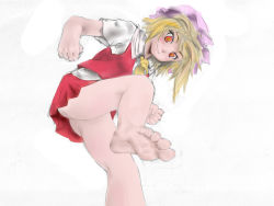 Rule 34 | 1girl, bad id, bad pixiv id, barefoot, face, feet, female focus, flandre scarlet, foot focus, from below, hat, lezt, perspective, slit pupils, soles, solo, embodiment of scarlet devil, toes, touhou