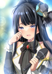 Rule 34 | 1girl, azuma yuki, black bow, black hair, black shirt, black sleeves, blue eyes, blurry, blurry background, bow, brooch, collared shirt, crying, crying with eyes open, depth of field, detached sleeves, hands up, hat, highres, holding, holding microphone, idolmaster, idolmaster shiny colors, jewelry, kazano hiori, long hair, long sleeves, microphone, mini hat, ponytail, shirt, signature, solo, tears, tilted headwear, upper body, vest, white hat, white vest