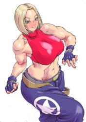 Rule 34 | 1girl, blonde hair, blue eyes, blue mary, blush, breasts, crop top, fatal fury, fingerless gloves, gloves, highres, large breasts, millefeuille, navel, shiny skin, short hair, the king of fighters