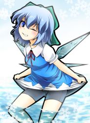 Rule 34 | 1girl, bike shorts, blue eyes, blue hair, bow, cirno, dress, female focus, fumi (fumifumi-graffiti), hair bow, highres, ice, ice wings, matching hair/eyes, open mouth, short hair, shorts, shorts under dress, shorts under skirt, smile, snow, solo, touhou, water, wings
