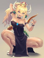 Rule 34 | 1girl, adapted costume, arm behind head, backlighting, bare shoulders, barefoot, black nails, blonde hair, blue eyes, blush, bowsette, bracelet, breasts, brooch, cleavage, collar, collarbone, dress, earrings, fingernails, gradient background, hair between eyes, highres, jewelry, kazto furuya, legs, lipstick, long hair, looking at viewer, makeup, mario (series), md5 mismatch, medium breasts, nail polish, new super mario bros. u deluxe, nintendo, nose blush, open mouth, pelvic curtain, pink pupils, pointy ears, ponytail, red lips, resolution mismatch, sharp fingernails, sharp teeth, sharp toenails, shiny clothes, shiny skin, short hair, sidelocks, smile, solo, source smaller, spiked bracelet, spiked collar, spiked shell, spiked tail, spikes, strapless, strapless dress, super crown, tail, tan background, teeth, thighs, toenails, toes, toned