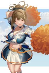 Rule 34 | 1girl, ahoge, black bow, bow, braid, breasts, brown hair, cheerleader, crop top, highres, holding, holding pom poms, idolmaster, idolmaster shiny colors, kuwayama chiyuki, large breasts, looking at viewer, navel, one eye closed, open mouth, pom pom (cheerleading), pom poms, skirt, smile, solo, sweat, ukimesato, yellow eyes