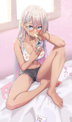 Rule 34 | 1girl, bare legs, barefoot, black shorts, blue eyes, blush, bracelet, breasts, cellphone, cleavage, colored inner hair, comaya, condom, condom wrapper, dark-skinned female, dark skin, earrings, elbow rest, feet, food, food in mouth, glasses, grey hair, hair between eyes, head rest, highres, holding, holding phone, indoors, jewelry, knee up, large breasts, long hair, melting, mole, mole on breast, mole under eye, multicolored hair, navel, original, phone, pink-framed eyewear, pink hair, popsicle, popsicle in mouth, rabbit earrings, remote control vibrator, round eyewear, see-through clothes, see-through shirt, sex toy, shirt, short shorts, shorts, sitting, smartphone, solo, sports bra, streaked hair, sweat, toes, very long hair, vibrator, white sports bra, window