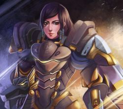 Rule 34 | 1girl, absurdres, armor, closed mouth, dark-skinned female, dark skin, eye of horus, eyelashes, facial tattoo, hair tubes, highres, lips, looking at viewer, nose, overwatch, overwatch 1, parted bangs, pharah (overwatch), shiro-hane, solo, tattoo, yellow eyes