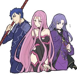 Rule 34 | 1boy, 2girls, bad id, bad pixiv id, blue eyes, blush, breasts, cleavage, cleavage cutout, clothing cutout, cu chulainn (fate), cu chulainn (fate/stay night), dress, fate/grand order, fate/stay night, fate (series), gae bolg (fate), highres, hip vent, long hair, looking at viewer, medea (fate), medium breasts, medusa (fate), medusa (rider) (fate), medusa (rider) (third ascension) (fate), multiple girls, nari, open mouth, pointy ears, purple hair, red eyes, rulebreaker, short hair, simple background, smile, square pupils, teshima nari, white background