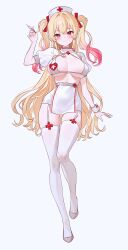 1girl absurdres arm_up bikini blonde_hair blush breasts closed_mouth commission fymrie gradient_hair grey_footwear hair_between_eyes hair_ribbon hat high_heels highres holding holding_syringe large_breasts long_hair looking_at_viewer multicolored_hair nurse nurse_cap original puffy_short_sleeves puffy_sleeves red_eyes red_hair red_ribbon ribbon short_sleeves shrug_(clothing) simple_background skindentation skirt smile solo swimsuit syringe thighhighs thighs two_side_up white_background white_bikini white_shrug white_skirt white_thighhighs white_wrist_cuffs wrist_cuffs