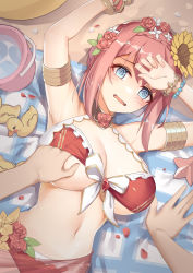 Rule 34 | 1boy, 1girl, @ @, absurdres, armlet, arms up, beach towel, bikini, boy on top, breasts, embarrassed, flower, grabbing, grabbing another&#039;s breast, hair flower, hair ornament, hand under clothes, hand under swimsuit, highres, large breasts, looking at viewer, lying, on back, pov, princess connect!, sunflower, sunflower hair ornament, swimsuit, towel, you yi yisheng ai, yui (princess connect!), yui (summer) (princess connect!)