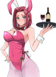 Rule 34 | 1girl, alcohol, animal ears, between breasts, blue eyes, bow, bowtie, breasts, cleavage, code geass, covered navel, cowboy shot, cup, detached collar, drinking glass, fake tail, hand on own hip, highleg, highleg leotard, highres, kouzuki kallen, large breasts, leotard, lighter, pantyhose, pink leotard, pink pantyhose, playboy bunny, rabbit ears, rabbit tail, red bow, red bowtie, red hair, short hair, simple background, solo, tail, white background, wide hips, wine, wine glass, wrist cuffs, yoo tenchi