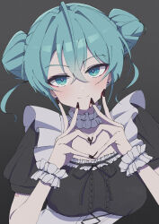 Rule 34 | 1girl, absurdres, alternate costume, aqua eyes, aqua hair, black background, black dress, black nails, breasts, closed mouth, commentary, double bun, dress, earrings, enmaided, finger to face, hair between eyes, hair bun, hatsune miku, highres, jewelry, large breasts, light blush, looking at viewer, maid, neck garter, pose request, rarachan sr, short hair, short sleeves, simple background, smile, solo, stud earrings, upper body, vocaloid, wrist cuffs