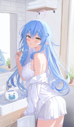 Rule 34 | 1girl, absurdres, ahoge, aki uzuki3, ass, bare shoulders, blue hair, breasts, camisole, colored tips, crossed bangs, frilled camisole, frills, hair between eyes, hair ornament, heart, heart ahoge, highres, hololive, large breasts, long hair, looking at viewer, multicolored hair, official alternate costume, open mouth, pointy ears, polka dot, polka dot camisole, polka dot skirt, skirt, streaked hair, thighs, virtual youtuber, white camisole, white skirt, yellow eyes, yukihana lamy, yukihana lamy (loungewear), yukimin (yukihana lamy)