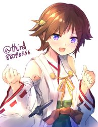 Rule 34 | 1girl, brown hair, clenched hand, commentary request, detached sleeves, flipped hair, green skirt, hairband, hakama, hakama short skirt, hakama skirt, headgear, hiei (kancolle), highres, japanese clothes, kantai collection, looking at viewer, o-sirius, purple eyes, ribbon-trimmed sleeves, ribbon trim, short hair, simple background, skirt, smile, solo, twitter username, upper body, white background