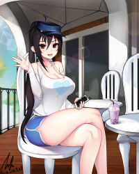 Rule 34 | 10s, 1girl, 2015, bad id, bad pixiv id, bare legs, bike shorts, black eyes, black hair, blush, breasts, brown eyes, cellphone, chair, cleavage, collarbone, crossed legs, cup, dated, detached sleeves, drinking straw, eyelashes, grimgrim, hair between eyes, hat, heart, holding, holding phone, large breasts, lens flare, long hair, looking at viewer, makeup, mascara, open mouth, original, phone, ponytail, railing, shirt, signature, sitting, sleeveless, sleeveless shirt, smile, solo, sparkle, sunlight, table, thick thighs, thighs, very long hair, waving, white shirt, wooden floor