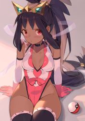 Rule 34 | 1girl, adapted costume, arm support, bare shoulders, big hair, black choker, black hair, black thighhighs, blush, bow, breasts, choker, cleavage, closed mouth, commentary request, covered erect nipples, creatures (company), dark-skinned female, dark skin, frilled thighhighs, frills, game freak, gloves, hair rings, hair tie, iris (pokemon), leotard, long hair, nintendo, pink bow, pink eyes, pink gloves, poke ball, poke ball (basic), pokemon, pokemon bw2, sitting, solo, spring2013, thighhighs, very long hair