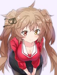 Rule 34 | 1girl, ahoge, alternate costume, big hair, black legwear, black skirt, breasts, brown eyes, cleavage, collarbone, hair flaps, hair tie, halkawa501, heterochromia, highres, kantai collection, large breasts, leaning forward, light brown hair, murasame (kancolle), red eyes, red sweater, sailor collar, simple background, skirt, solo, sweater, two side up, v arms, white background