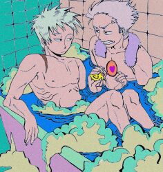 2boys akagi:_yami_ni_oritatta_tensai akagi_shigeru anger_vein bath bathing bathtub black_eyes clenched_teeth closed_mouth commentary expressionless feet_out_of_frame fukumoto_mahjong grey_hair heart highres hirayama_yukio looking_at_another looking_to_the_side male_focus multiple_boys nanji_yuan_zhumin nipples rubber_duck scar scar_on_shoulder shared_bathing short_hair spoken_heart steam symbol-only_commentary teeth tile_wall tiles water yaoi