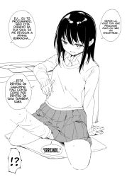 Rule 34 | 1girl, greyscale, hand under clothes, hard-translated, hard-translated (non-english), highres, long hair, monochrome, non-web source, portuguese text, suzuki nago, tagme, third-party edit