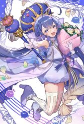 Rule 34 | 1girl, blue eyes, blue hair, blue headwear, bouquet, cherico, commentary, crown, dress, eel hat, falling petals, fang, flower, foreshortening, gem, gloves, gradient hair, high heels, highres, holding, holding bouquet, holding scepter, jewelry, large hat, legs up, lips, long hair, midair, multicolored hair, open mouth, otomachi una, pearl (gemstone), petals, picture frame, purple dress, rose, scepter, smile, solo, thighhighs, twintails, very long hair, vocaloid, voiceroid, white flower, white gloves, white rose, white thighhighs