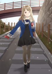 Rule 34 | 1girl, arms up, bag, black dress, black footwear, blazer, blue bow, blue bowtie, blue jacket, blue sky, blurry, blurry background, boots, bow, bowtie, bridge, brown eyes, commentary, day, dress, full body, fur-trimmed boots, fur trim, grey pantyhose, grin, jacket, light brown hair, long hair, looking at viewer, mittens, open clothes, open jacket, original, outdoors, pantyhose, pleated skirt, red mittens, scarf, school bag, school uniform, skirt, sky, sleeve cuffs, smile, snowing, solo, stairs, stone wall, swept bangs, unya (unya-unya), very long hair, walking, wall, white scarf, winter