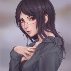 Rule 34 | 1girl, bad id, bad pixiv id, blush, breasts, cleavage, closed eyes, from side, glasses, grey background, grey jacket, hand on own chest, highres, jacket, kamishiro rize, lips, long hair, long sleeves, looking at viewer, looking to the side, medium breasts, miura-n315, nose, open clothes, open jacket, purple eyes, purple hair, realistic, semi-rimless eyewear, smile, solo, tokyo ghoul, under-rim eyewear, upper body