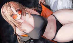 1girl absurdres black_jacket black_panties black_tank_top blonde_hair blush breasts cleavage closed_mouth crop_top green_eyes highres hololive hololive_dev_is jacket koganei_niko large_breasts legs_together long_hair long_sleeves looking_at_viewer looking_over_eyewear mole mole_on_arm multicolored_clothes multicolored_jacket naokomama navel no_pants off_shoulder open_clothes open_jacket opened_by_self orange-tinted_eyewear orange_jacket panties round_eyewear shirt sitting smile solo sunglasses tank_top tinted_eyewear two-sided_fabric two-sided_jacket two-tone_jacket underwear virtual_youtuber