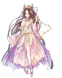 Rule 34 | 1girl, artist request, bracelet, breasts, brown hair, cleavage, crossed legs, detached sleeves, full body, hair ornament, high ponytail, highres, holding, holding weapon, jewelry, large breasts, long hair, looking at viewer, navel, official art, open mouth, pelvic curtain, pink eyes, royal flush heroes, shunmei, solo, transparent background, very long hair, weapon, whip, white legwear