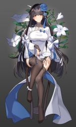 Rule 34 | 1girl, absurdres, ankle ribbon, bad id, bad pixiv id, black hair, black thighhighs, blue flower, blush, breasts, bridal gauntlets, china dress, chinese clothes, cleavage, closed mouth, commentary request, dress, flower, full body, garter straps, girls&#039; frontline, gloves, hair flower, hair ornament, hairband, hand fan, highres, holding, holding fan, jacket, large breasts, leg ribbon, long hair, long sleeves, looking at viewer, mole, mole under eye, no shoes, official alternate costume, orn, paper fan, ribbon, shrug (clothing), sidelocks, sitting, smile, solo, thighhighs, type 95 (girls&#039; frontline), type 95 (narcissus) (girls&#039; frontline), uchiwa, very long hair, white dress, white flower, white gloves, white hairband, white jacket, white ribbon, white sleeves, yellow eyes