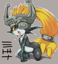 Rule 34 | 1girl, all fours, belly, blush, breasts, drooling, fang, helmet, hobby (kento), kneeling, long hair, midna, navel, nintendo, no nipples, nude, one eye covered, orange hair, pointy ears, prehensile hair, red eyes, saliva, small breasts, solo, the legend of zelda, the legend of zelda: twilight princess, tongue, tongue out