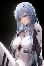 Rule 34 | 1girl, alternate hair length, alternate hairstyle, arm support, ayanami rei, black background, blue hair, bodysuit, breasts, brown background, closed mouth, commentary, evangelion: 3.0+1.0 thrice upon a time, expressionless, gradient background, hair between eyes, interface headset, kim eb, long hair, long sleeves, looking at viewer, medium breasts, neon genesis evangelion, plugsuit, rebuild of evangelion, sitting, solo, spoilers, white bodysuit