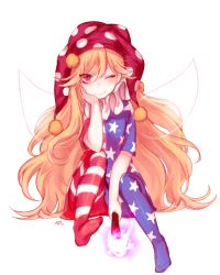 Rule 34 | 1girl, american flag dress, american flag legwear, blonde hair, clownpiece, dress, fairy wings, fire, hat, highres, jester cap, long hair, looking at viewer, neck ruff, one eye closed, pantyhose, polka dot, red eyes, short dress, simple background, sitting, smile, solo, star (symbol), striped clothes, striped pantyhose, tis (shan0x0shan), torch, touhou, very long hair, white background, wings