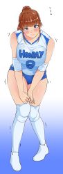 Rule 34 | 1girl, :t, bare shoulders, blue buruma, blue eyes, blunt bangs, blush, breasts, brown hair, buruma, closed mouth, clothes writing, collarbone, embarrassed, english text, female focus, full body, gradient background, gym uniform, hair bun, have to pee, highres, japanese text, knee pads, kneehighs, knees together feet apart, large breasts, nise shierifu, original, pigeon-toed, shiny skin, shirt, shoes, simple background, single hair bun, sleeveless, sleeveless shirt, socks, solo, standing, sweat, translated, trembling, v arms, white footwear, white shirt, white socks