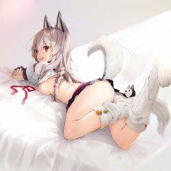 Rule 34 | 1girl, absurdres, animal ears, ass, azur lane, bad id, bad tumblr id, black skirt, braid, breasts, dog ears, dog tail, fingernails, highres, legs, legs up, long hair, looking at viewer, looking back, lying, medium breasts, miniskirt, nail polish, on bed, on stomach, panties, pleated skirt, red eyes, skirt, smile, socks, solo, tail, tail wagging, underboob, underwear, white hair, white panties, white socks, yatsuha (hachiyoh), yuudachi (azur lane)