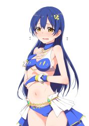 Rule 34 | 10s, 1girl, alternate costume, bare shoulders, bikini, blue bikini, blue gloves, blue hair, blush, breasts, bridal gauntlets, brown eyes, clearite, cleavage, cowboy shot, detached collar, embarrassed, flying sweatdrops, from side, gem, gloves, hair ornament, hand on own chest, hand on own stomach, jewelry, long hair, looking at viewer, love live!, love live! school idol festival, love live! school idol project, navel, open mouth, orange eyes, showgirl skirt, skirt, small breasts, solo, sonoda umi, standing, swimsuit, transparent background