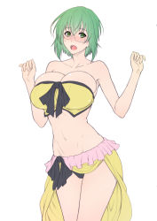 Rule 34 | 10s, 1girl, bad id, bad pixiv id, bare shoulders, bikini, blush, breasts, cleavage, collarbone, front-tie top, glasses, green eyes, green hair, highres, infinite stratos, large breasts, looking at viewer, matching hair/eyes, open mouth, semi-rimless eyewear, short hair, simple background, sketch, solo, swimsuit, under-rim eyewear, white background, yamada maya (infinite stratos), yellow bikini, zucchini