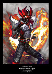 1boy armor belt character_name fighting_stance fire helmet highres horns kamen_rider kamen_rider_agito kamen_rider_agito_(series) male_focus novicekid orange_eyes solo