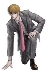 Rule 34 | 1boy, black footwear, blonde hair, buttoned cuffs, buttons, closed mouth, collared shirt, formal, full body, hair between eyes, highres, jacket, kneeling, light smile, looking at viewer, male focus, mob psycho 100, necktie, pants, pink necktie, reigen arataka, shirt, short hair, simple background, smile, solo, sso s, suit, white background, white shirt