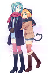 Rule 34 | 2girls, aqua eyes, aqua hair, bad id, bad pixiv id, black scarf, blonde hair, boots, cat tail, coat, earmuffs, fang, green eyes, hair ornament, hairclip, hat, hatsune miku, high heels, highres, kagamine rin, knee boots, mittens, multiple girls, open mouth, pantyhose, pink legwear, red scarf, scarf, shoes, shorts, simple background, skirt, tail, thighhighs, vocaloid, wadaka, white background