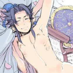 Rule 34 | 1boy, abs, arm up, armpits, bed sheet, blue hair, character name, collarbone, come hither, kijima hyogo, looking at viewer, male focus, navel, nipples, nude, pink eyes, ribs, sheet grab, smile, solo, spiked hair, toned, toned male, trap