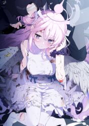 Rule 34 | 1boy, 1girl, angel wings, black hair, blood, blue archive, blush, breasts, closed mouth, dress, feathered wings, feathers, hair between eyes, hair bun, halo, highres, injury, large breasts, long hair, mika (blue archive), nejime, pantyhose, pink hair, pink halo, purple scrunchie, scrunchie, sensei (blue archive), short hair, signature, single side bun, sleeveless, sleeveless dress, smile, torn clothes, torn dress, torn pantyhose, white dress, white pantyhose, white wings, wings, wrist scrunchie, yellow eyes