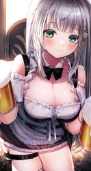 Rule 34 | 1girl, alcohol, apron, bare shoulders, beer, beer mug, belt, belt collar, belt pouch, black bow, black bowtie, blunt bangs, blush, bow, bowtie, breasts, cleavage, closed mouth, collar, commentary request, cowboy shot, cup, detached collar, detached sleeves, flower, frilled apron, frilled skirt, frills, green eyes, hair flower, hair ornament, highres, hiroikara (smhong04), holding, holding cup, hololive, knife, large breasts, leaning forward, long hair, miniskirt, mug, pouch, puffy short sleeves, puffy sleeves, shirogane noel, shirogane noel (dirndl), shirt, short sleeves, silver hair, skirt, smile, solo, thigh strap, thighs, virtual youtuber, waist apron, white apron, white flower, white shirt
