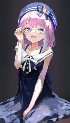 Rule 34 | 1girl, :d, adjusting eyewear, bare shoulders, beret, blue dress, blue hat, collarbone, commentary request, crescent, crescent necklace, dress, glasses, green eyes, grey-framed eyewear, hand up, hat, heterochromia, highres, himemori luna, himemori luna (sundress), hololive, ichika (ichika87), jewelry, looking at viewer, necklace, off-shoulder dress, off shoulder, open mouth, pink hair, purple eyes, sleeveless, sleeveless dress, smile, solo, virtual youtuber