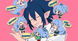 Rule 34 | 1boy, 1girl, amajiki tamaki, arms behind back, bishounen, blue eyes, blue hair, blush, boku no hero academia, breasts, chibi, clone, closed eyes, collared shirt, commentary, film grain, flying, frown, green skirt, hadou nejire, hair between eyes, hand up, long hair, looking at another, mommorua, necktie, open mouth, outline, outstretched arms, pink background, pleated skirt, pointy ears, red necktie, romaji text, school uniform, shirt, short sleeves, simple background, skirt, smile, speech bubble, standing, sweat, u.a. school uniform, upside-down, very long hair, white outline, white shirt