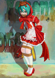 Rule 34 | &gt; &lt;, 1girl, apron, aqua hair, arms behind back, blush, bound, bound legs, bow, covered mouth, covering own mouth, dress, frilled dress, frills, full body, gag, graffiti, green eyes, hair between eyes, hatsune miku, highres, hood, hood up, improvised gag, jianchile san tian, large bow, leaning forward, legs together, little red riding hood, looking at viewer, mikuzukin, project diva (series), puffy short sleeves, puffy sleeves, red bow, red dress, red footwear, ribbon, ribbon-trimmed clothes, ribbon-trimmed dress, ribbon trim, shadow, shoes, short hair, short sleeves, solo, standing, tape, tape gag, thighhighs, tied up, vocaloid, wall, white apron, white thighhighs, yellow ribbon