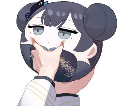 Rule 34 | blue archive, double bun, hair bun, highres, holding, kisaki (blue archive), meme, mmmmrotio, pov, pov cheek grabbing (meme), pov hands, simple background, souvenir doll (blue archive), white background